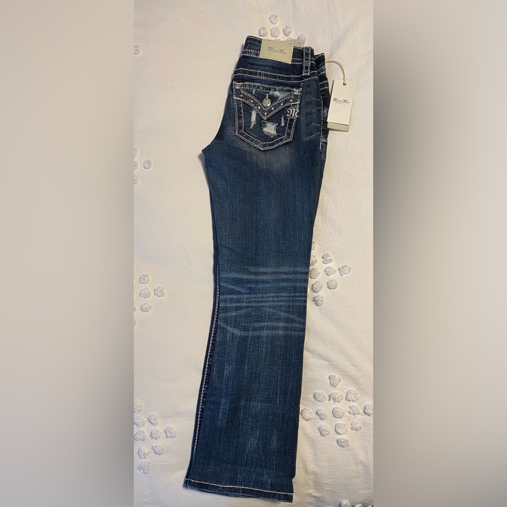 Miss Me Womens Size 26 Medium Wash Low Rise Embellished Bootcut Denim Jeans